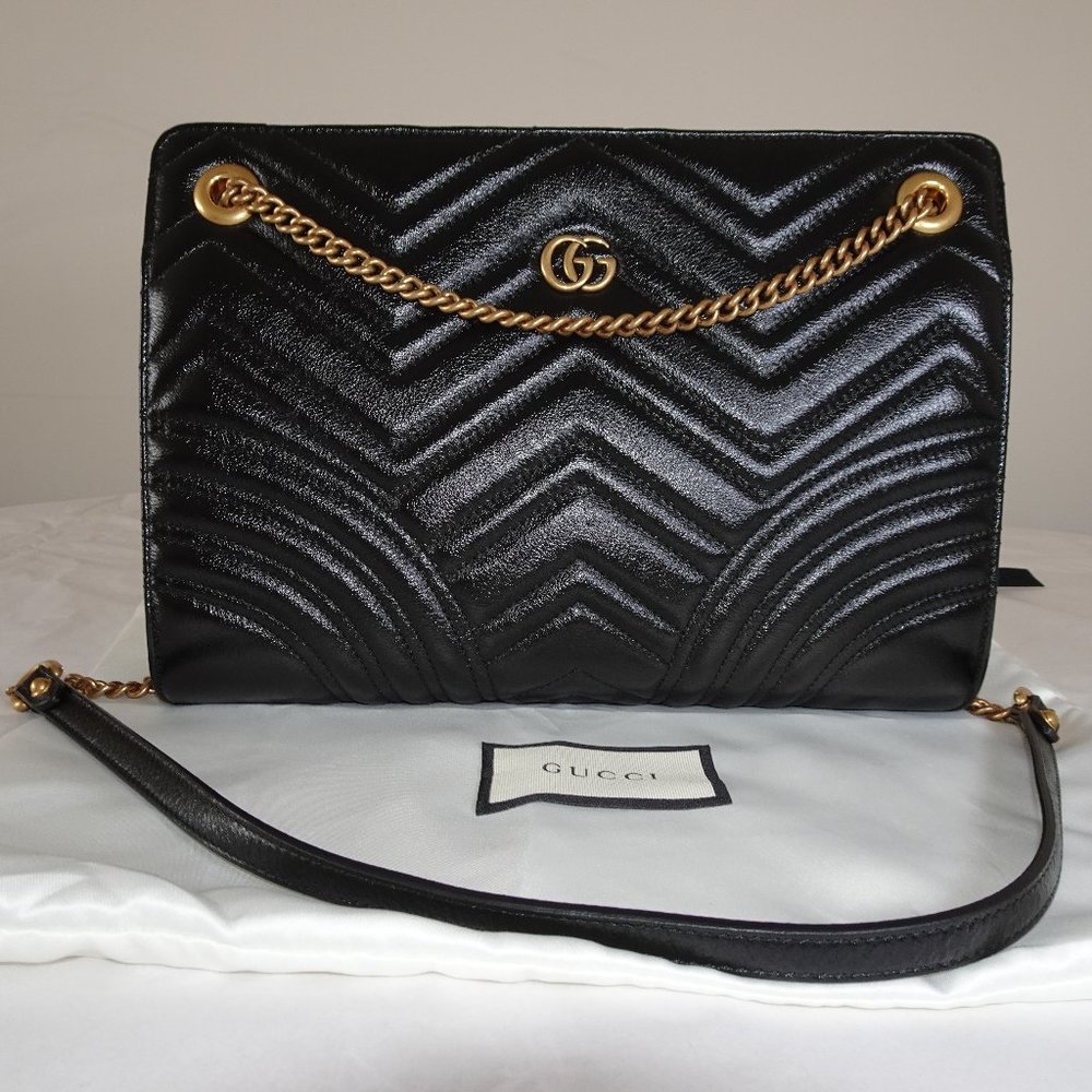 Gucci Medium GG Marmont Slim Matelassé Black Leather Shoulder Bag 524592
